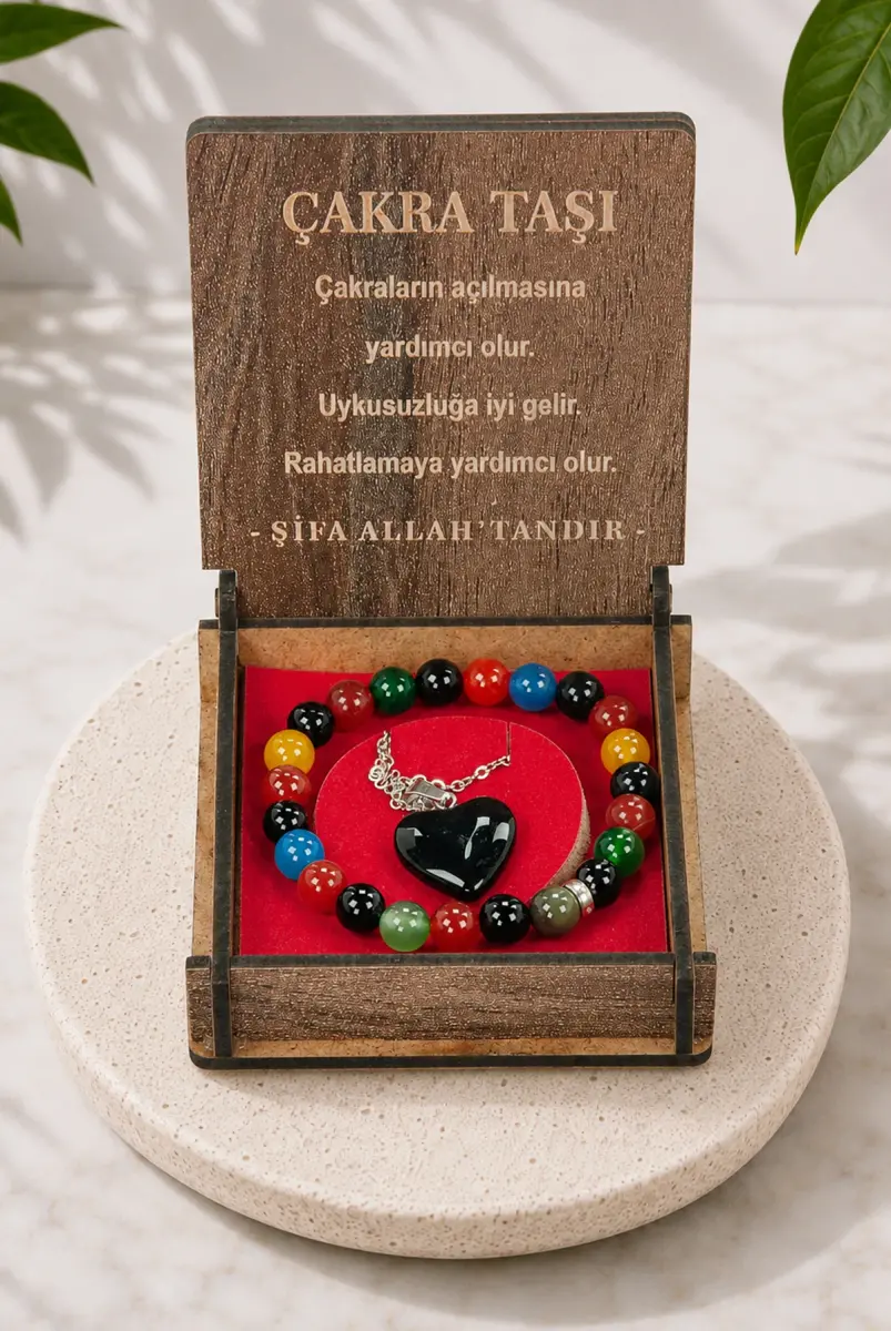 Çakra Taşı Bileklik ve Kolye Seti - Ahşap Kutulu Hediyelik - 1