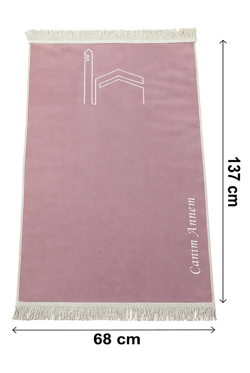  Canım Anneme - Cami Desenli Saçaklı Kadife Seccade - Pembe - 2