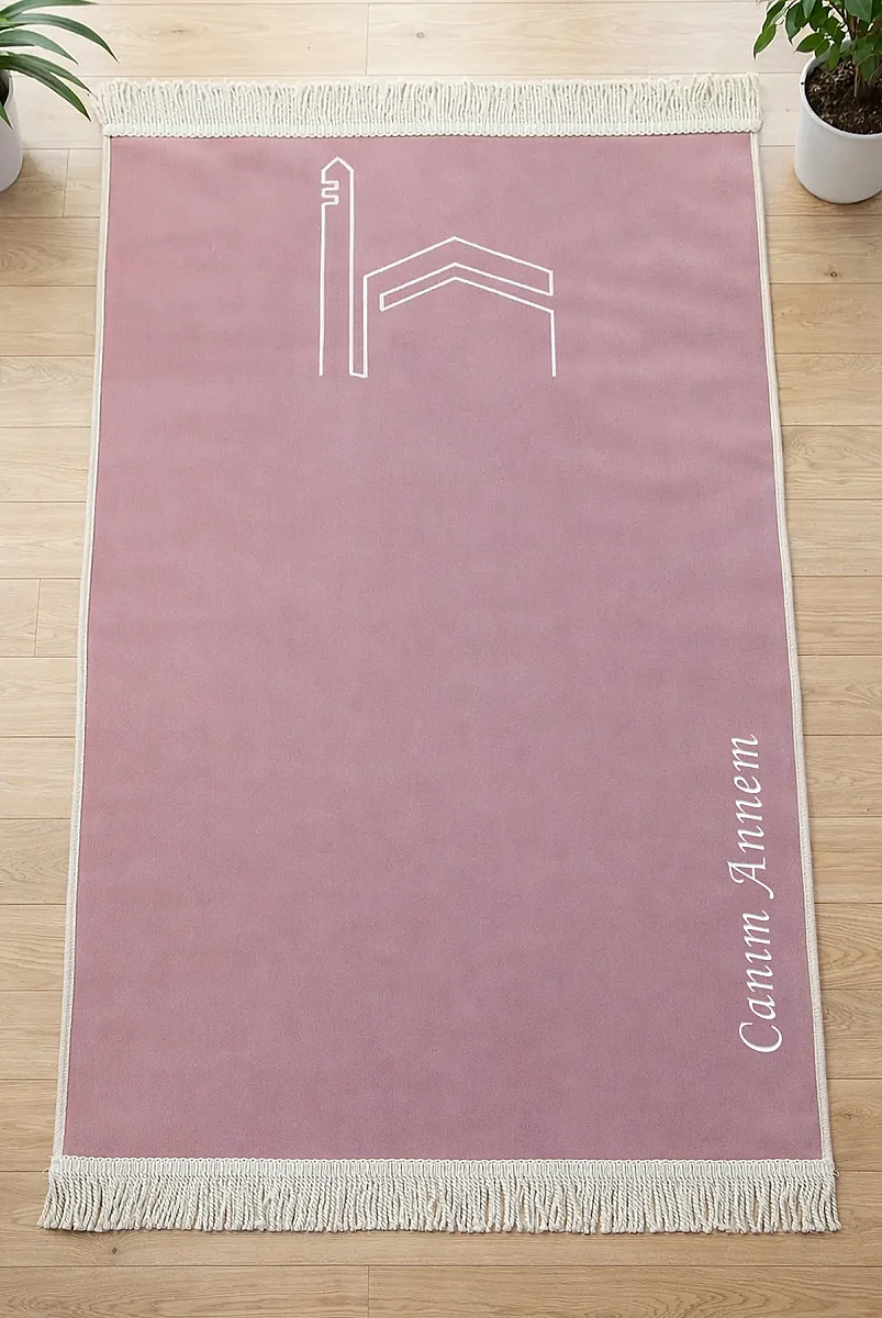  Canım Anneme - Cami Desenli Saçaklı Kadife Seccade - Pembe - 1