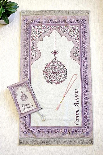 Canım Annem Nakışlı Anneler Günü Hediyesi, Kadife İpek Dokulu Keseli Seccade ve İnci Tesbih Seti - Fuşya 