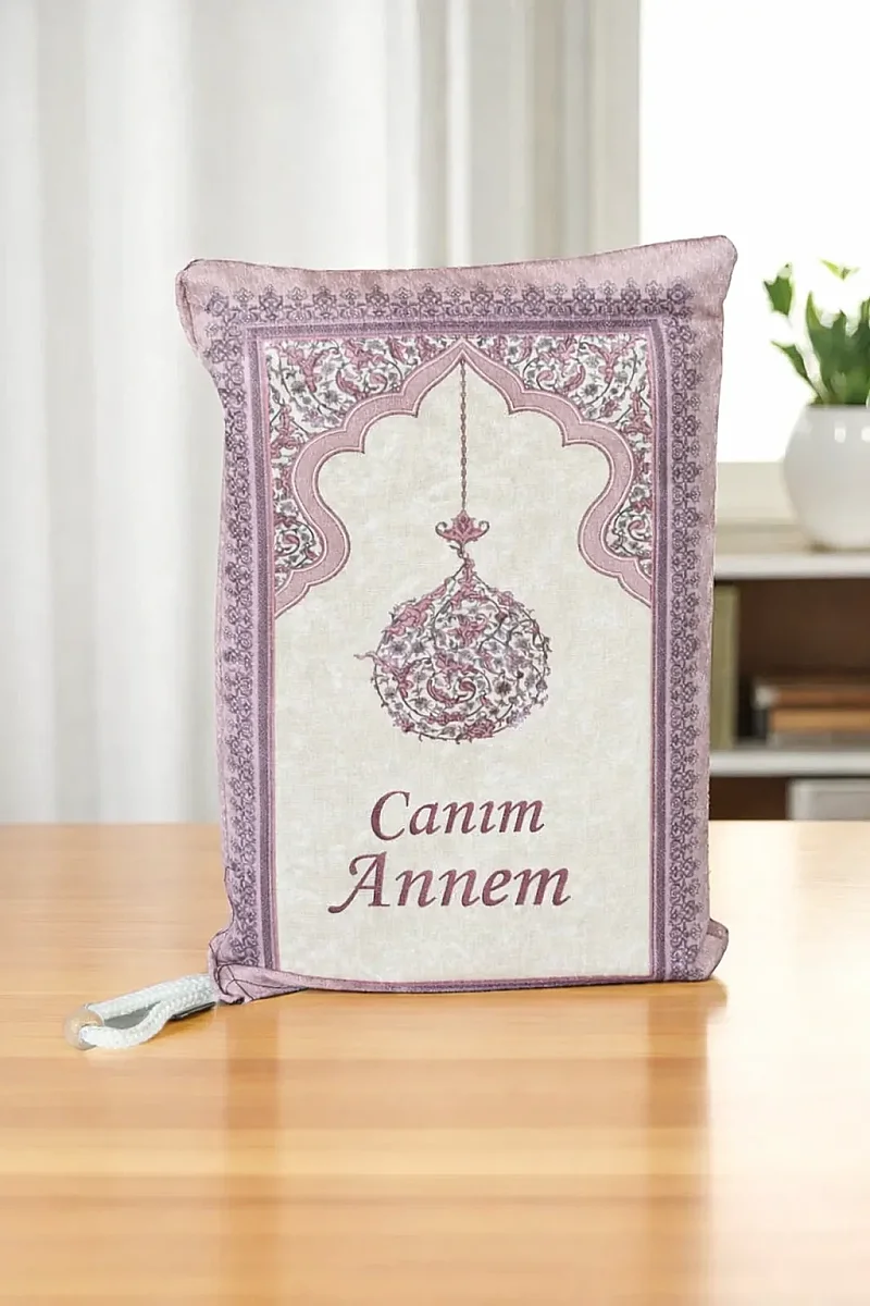 Canım Annem Nakışlı Anneler Günü Hediyesi, Kadife İpek Dokulu Keseli Seccade ve İnci Tesbih Seti - Fuşya - 2