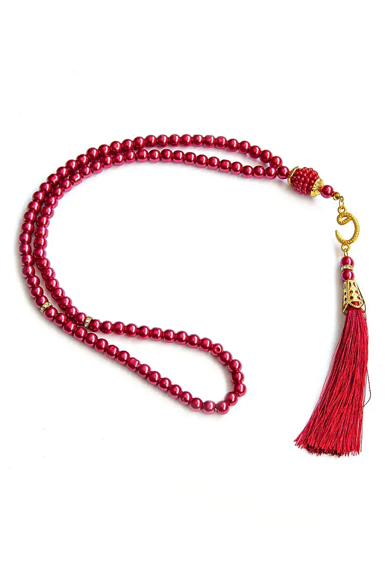 Canım Annem Nakışlı Anneler Günü Hediyesi, Kadife İpek Dokulu Keseli Seccade ve İnci Tesbih Seti - Kırmızı - 5