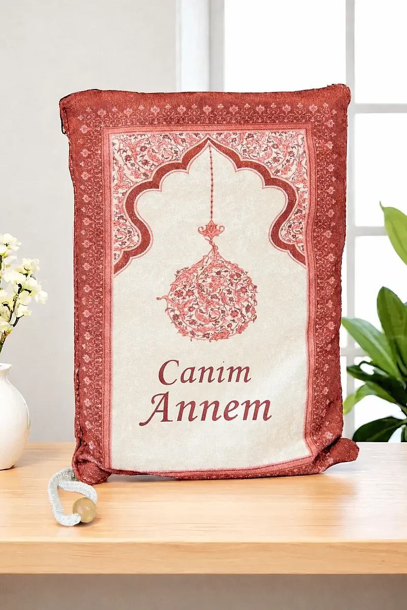 Canım Annem Nakışlı Anneler Günü Hediyesi, Kadife İpek Dokulu Keseli Seccade ve İnci Tesbih Seti - Kırmızı - 2