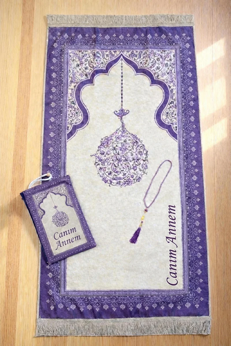 Canım Annem Nakışlı Anneler Günü Hediyesi, Kadife İpek Dokulu Keseli Seccade ve İnci Tesbih Seti - Mor - 1