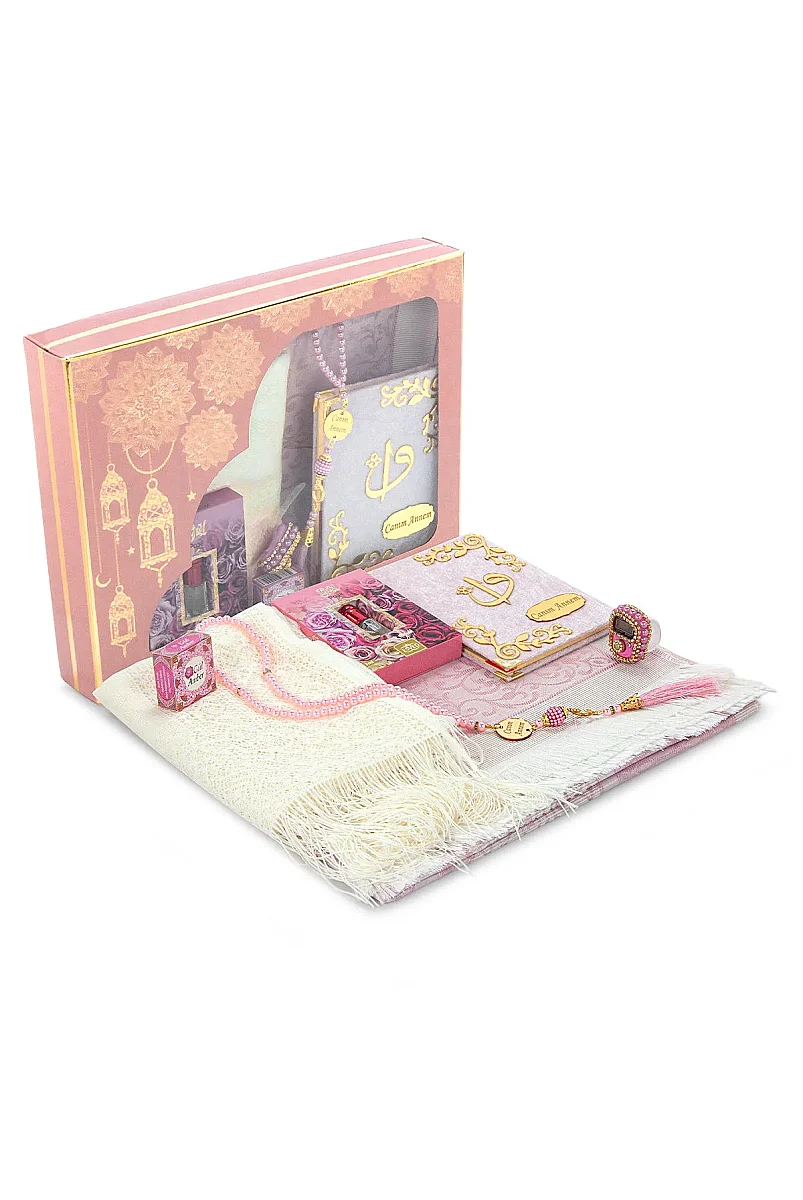 Canım Annem Seccade Seti, Yasin Kitabı, Tesbih, Zikirmatik, Alkolsüz Gül Esansı, Gül Amber Kokusu Seti - Pembe - 1