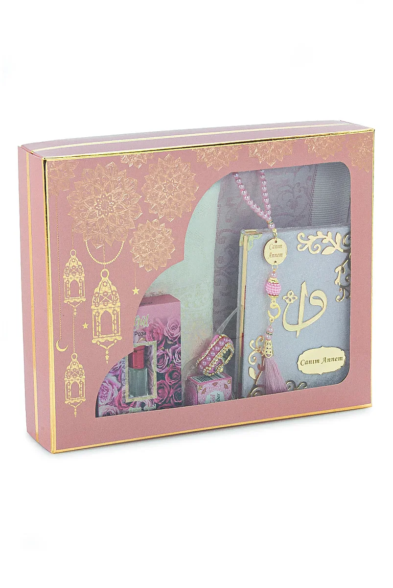 Canım Annem Seccade Seti, Yasin Kitabı, Tesbih, Zikirmatik, Alkolsüz Gül Esansı, Gül Amber Kokusu Seti - Pembe - 3