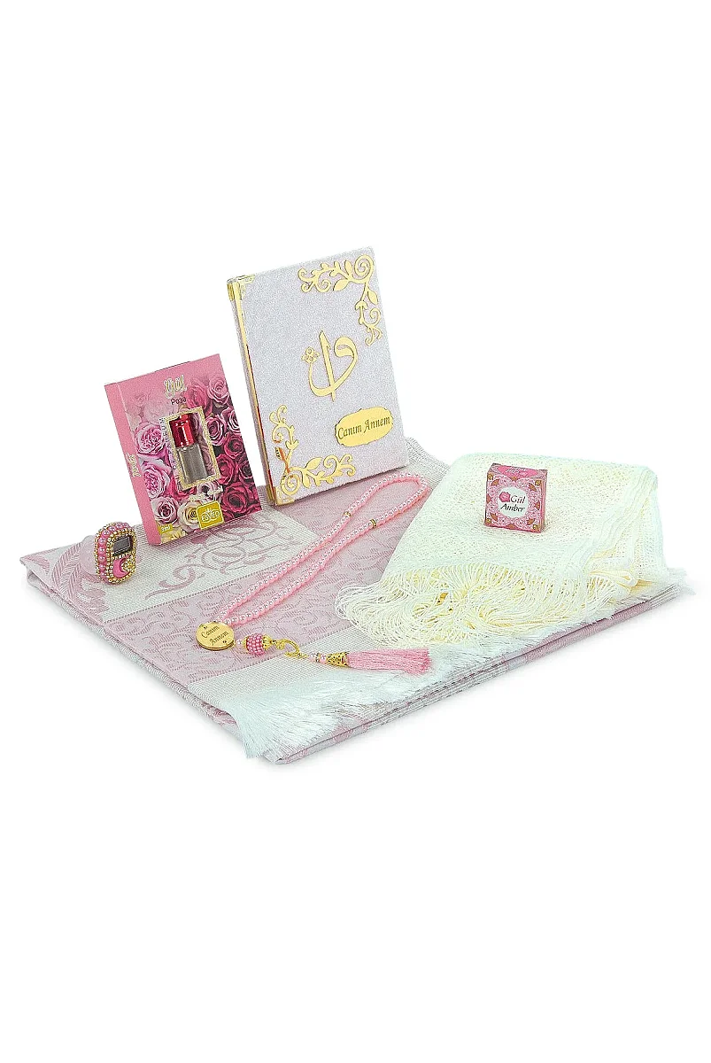 Canım Annem Seccade Seti, Yasin Kitabı, Tesbih, Zikirmatik, Alkolsüz Gül Esansı, Gül Amber Kokusu Seti - Pembe - 5