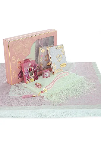 Canım Annem Seccade Seti, Yasin Kitabı, Tesbih, Zikirmatik, Alkolsüz Gül Esansı, Gül Amber Kokusu Seti - Pembe - İhvan (1)