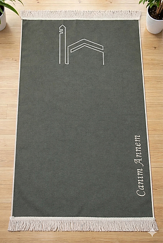 Canım Anneme - Cami Desenli Saçaklı Kadife Seccade - Haki Yeşil - ihvanonline