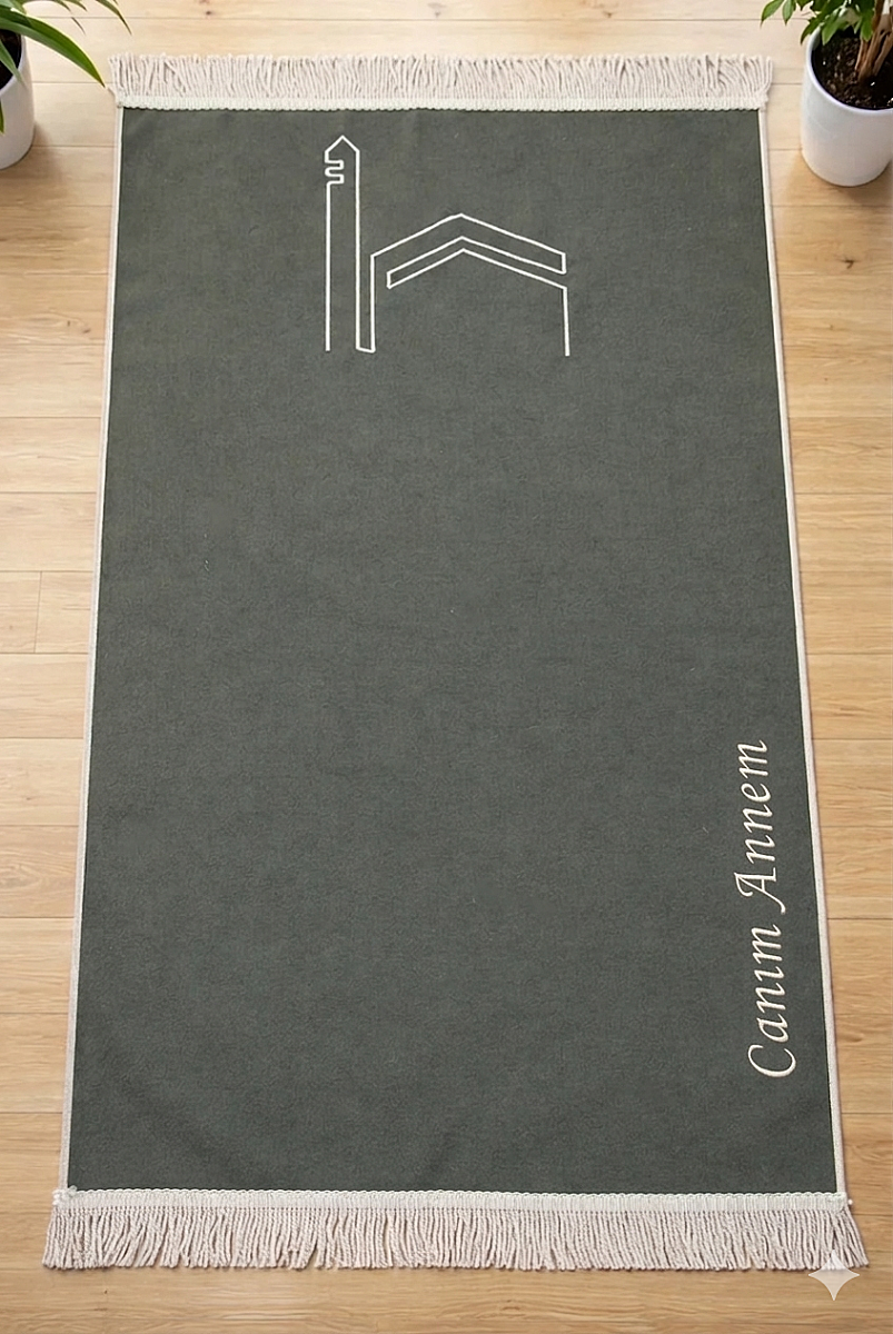 Canım Anneme - Cami Desenli Saçaklı Kadife Seccade - Haki Yeşil - 1