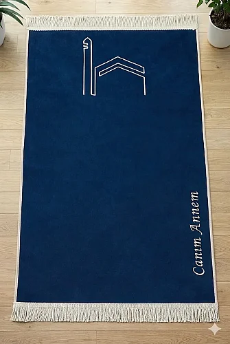 Canım Anneme - Cami Desenli Saçaklı Kadife Seccade - Lacivert - 1