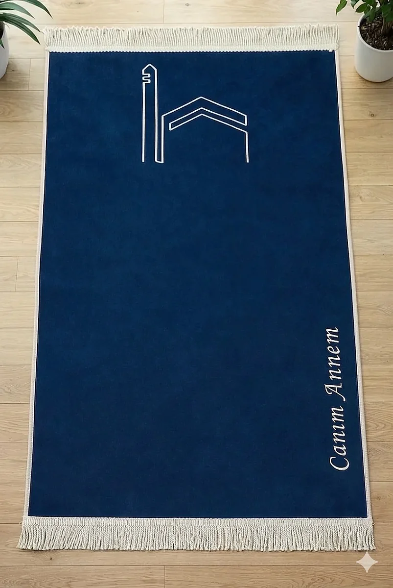 Canım Anneme - Cami Desenli Saçaklı Kadife Seccade - Lacivert - 1