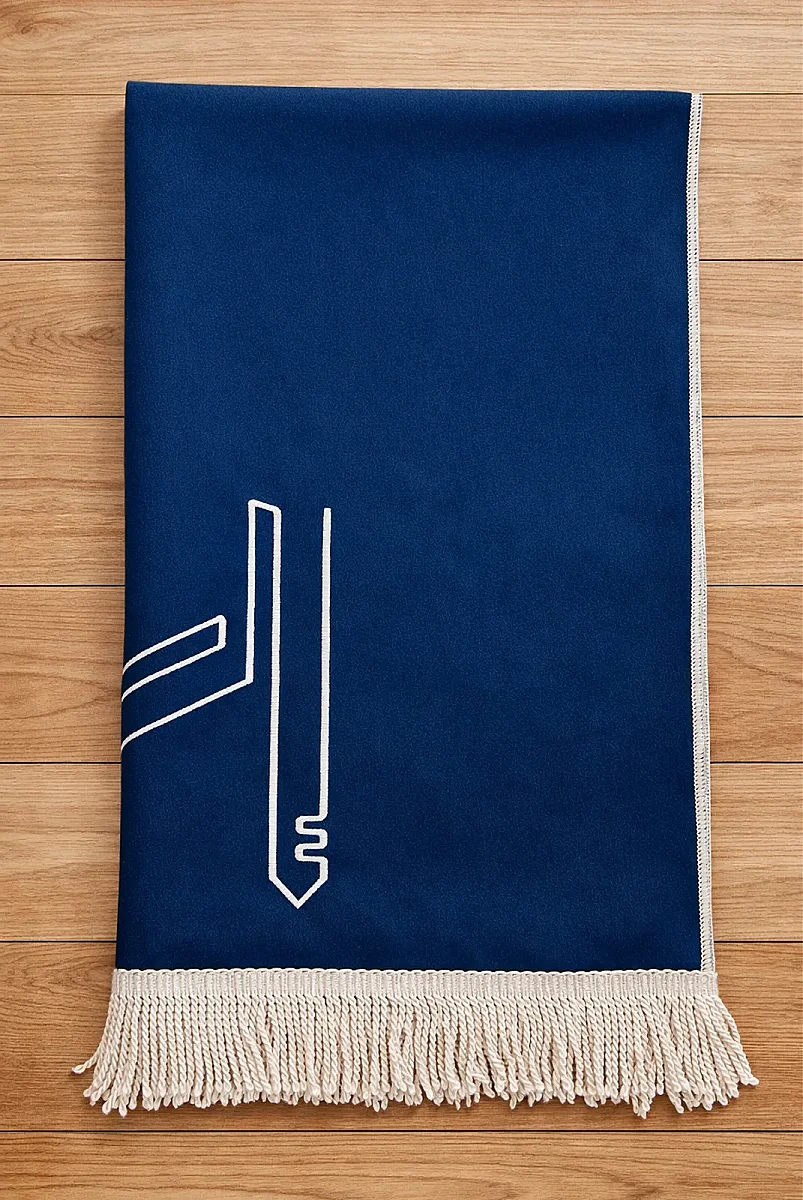 Canım Anneme - Cami Desenli Saçaklı Kadife Seccade - Lacivert - 3