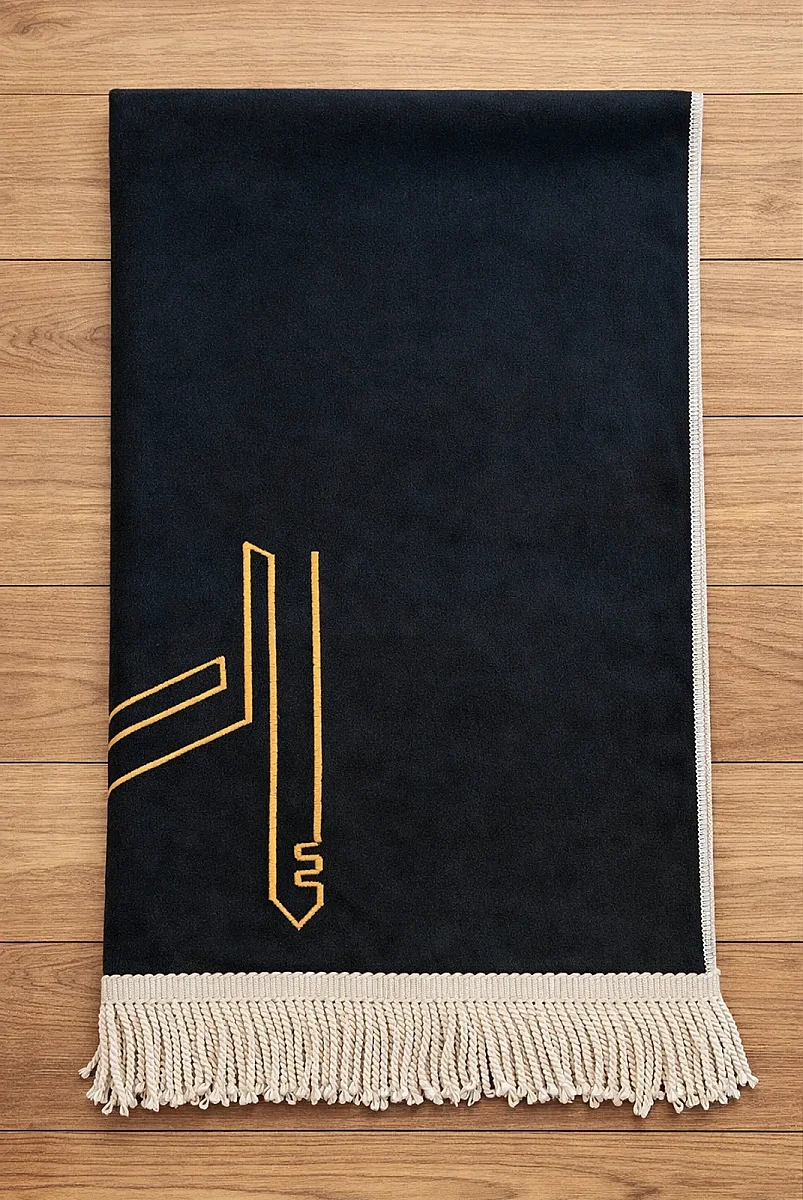 Canım Anneme - Cami Desenli Saçaklı Kadife Seccade - Siyah - 3