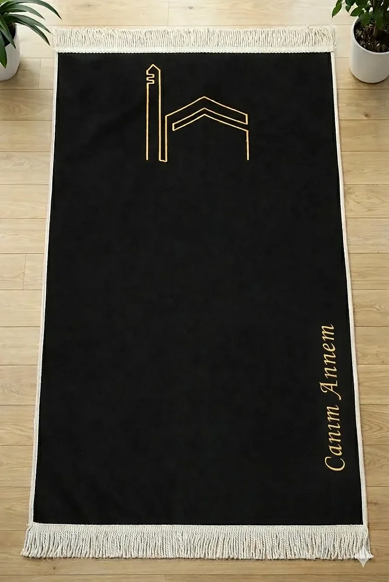 Canım Anneme - Cami Desenli Saçaklı Kadife Seccade - Siyah - 1