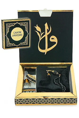 Anneler Gününe Özel - İnci Tesbih Zikirmatik Esans Şal Hediyelik Set - Siyah 