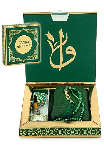 Anneler Gününe Özel - İnci Tesbih Zikirmatik Esans Şal Hediyelik Set - Yeşil 