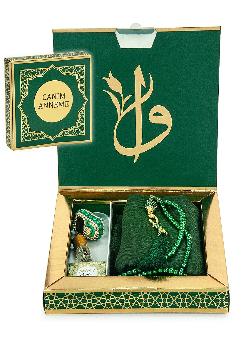 Anneler Gününe Özel - İnci Tesbih Zikirmatik Esans Şal Hediyelik Set - Yeşil - 1