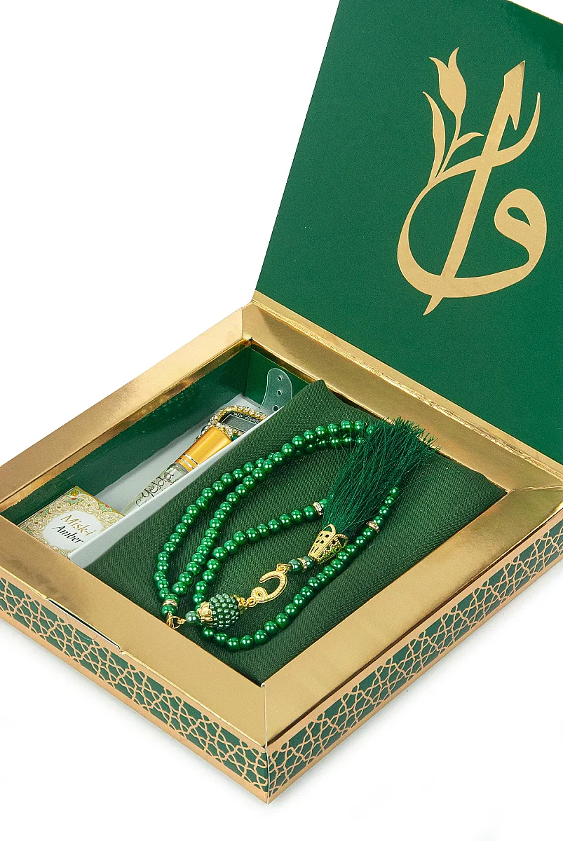 Anneler Gününe Özel - İnci Tesbih Zikirmatik Esans Şal Hediyelik Set - Yeşil - 3