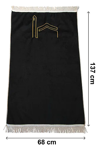 Canım Anneme - Kabe Desenli Saçaklı Kadife Seccade - Siyah - 4