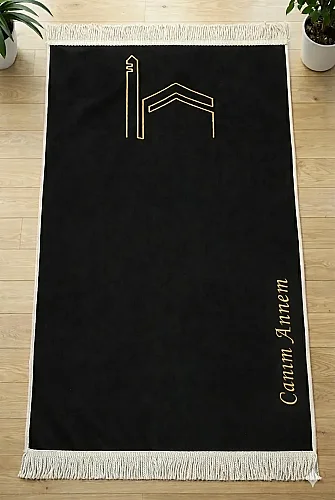 Canım Anneme - Kabe Desenli Saçaklı Kadife Seccade - Siyah - 1