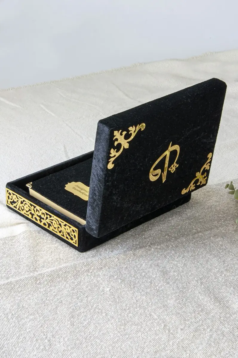 Canım Babam - Babalar Günü Hediyesi - Elif Vav Pleksi Süslemeli Hediyelik Kadife Kaplı Kutulu Kuranı Kerim - Siyah - 4