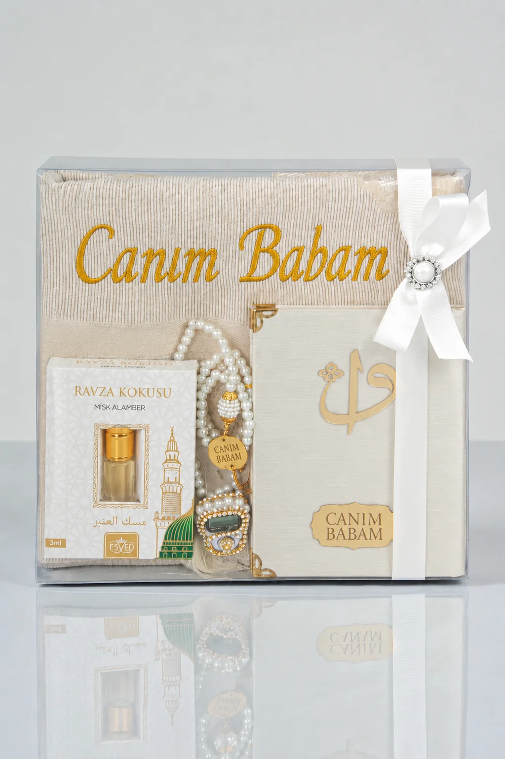 Canım Babam - Babalar Günü Hediyesi - Hediyelik Kişiye Özel İsimli Seccade Seti - Yasin Kitabı, Tesbih, Zikirmatik, Esans - Krem - 1