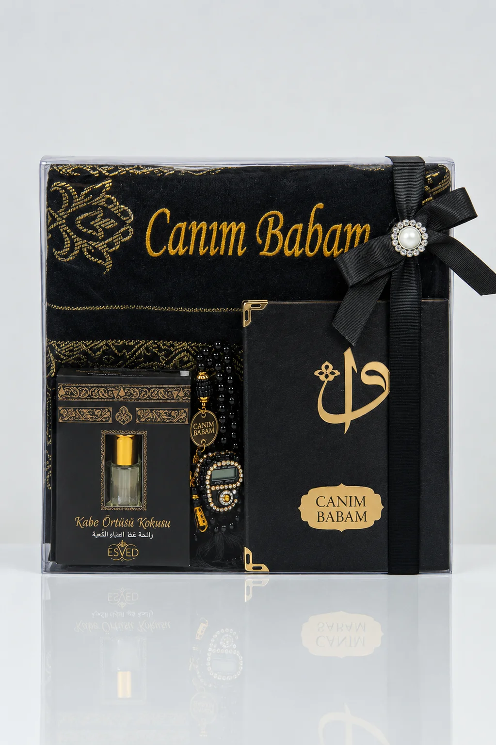 Canım Babam - Babalar Günü Hediyesi - Hediyelik Kişiye Özel İsimli Seccade Seti - Yasin Kitabı, Tesbih, Zikirmatik, Esans - Siyah - 1