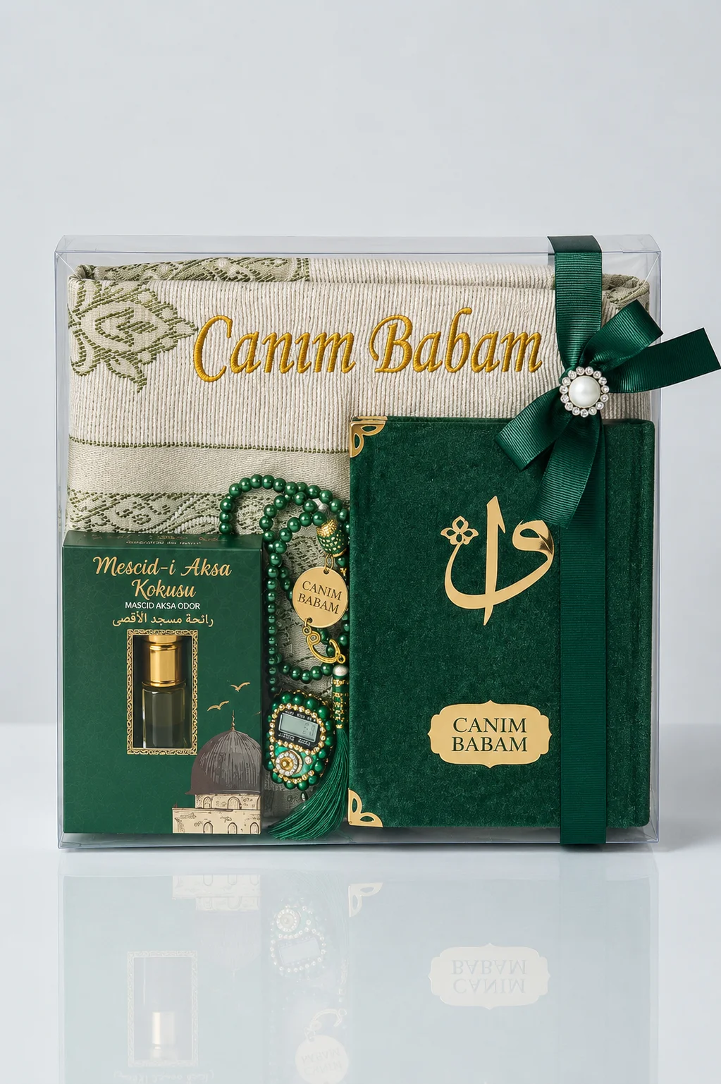 Canım Babam - Babalar Günü Hediyesi - Hediyelik Kişiye Özel İsimli Seccade Seti - Yasin Kitabı, Tesbih, Zikirmatik, Esans - Yeşil - 1