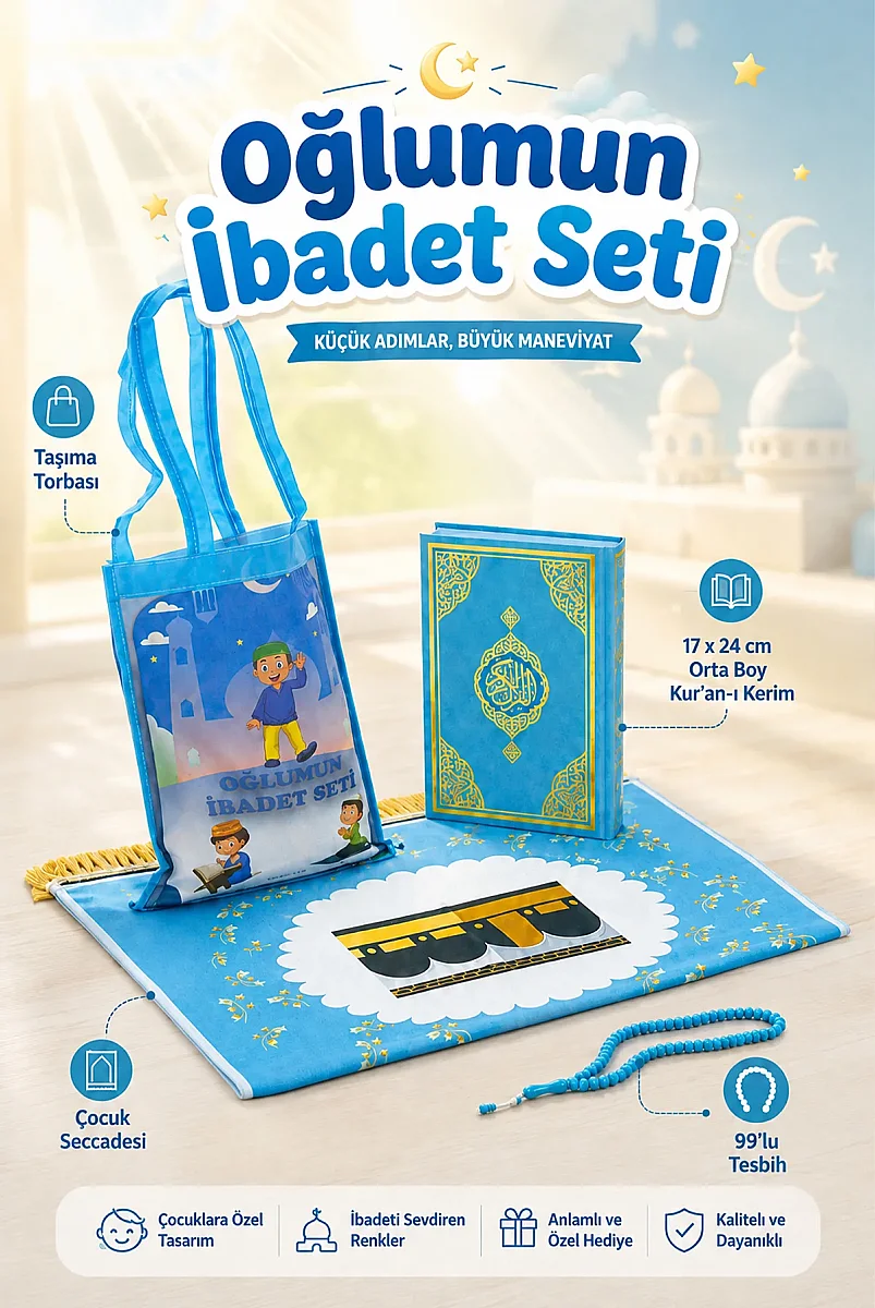 Çantalı Erkek Çocuk İbadet Seti Mavi Kabe Motifli İsimli Seccade Orta Boy Kuranı Kerim Tesbihli - 1