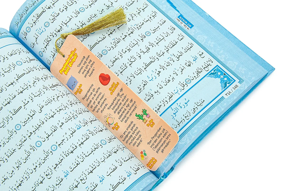 Çantalı Erkek Çocuk İbadet Seti Mavi Kabe Motifli İsimli Seccade Orta Boy Kuranı Kerim Tesbihli - 9