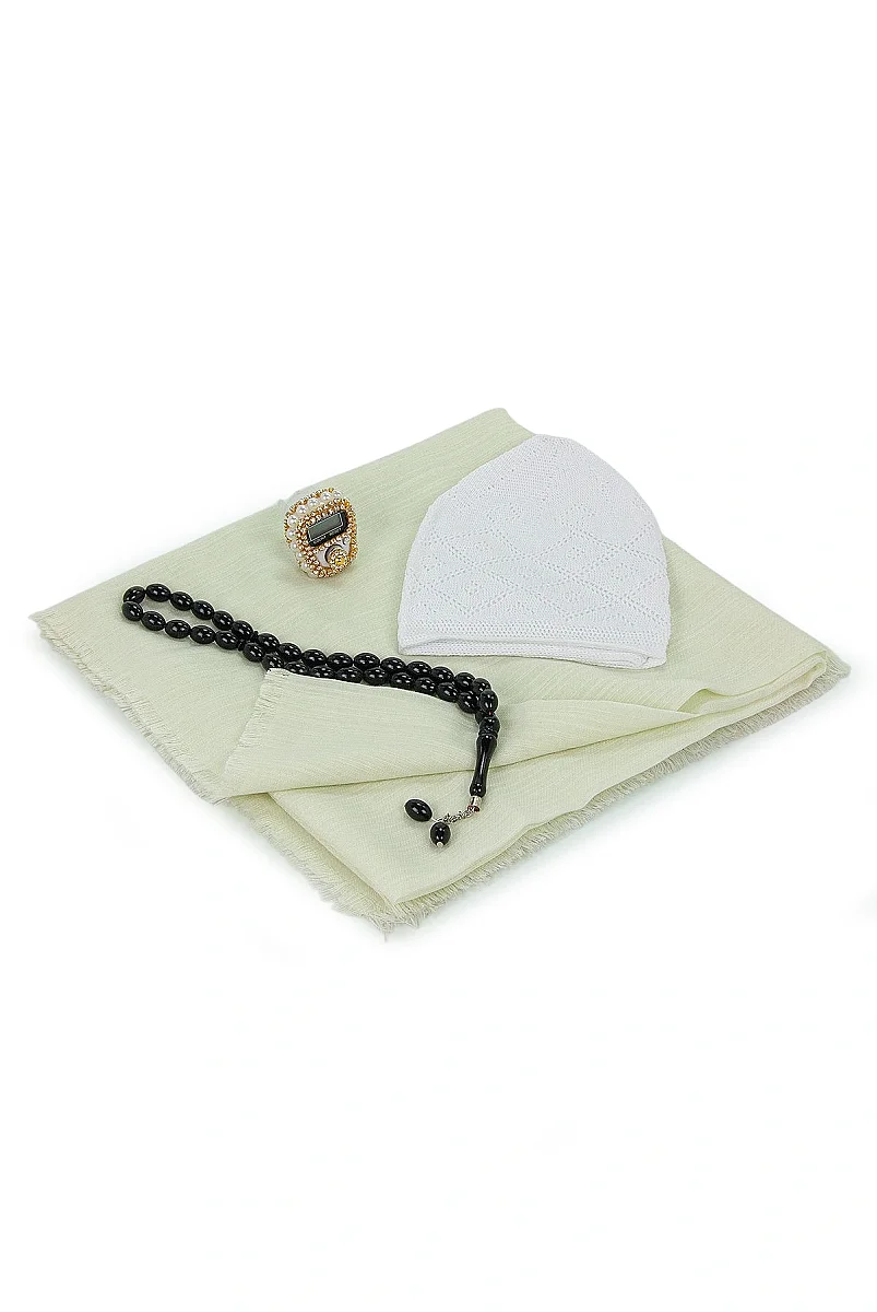 Çantalı Eşarp Seti – Takke, Tesbih ve Taşlı Zikirmatikli Hediye Seti - Mevlüt Hediyesi - Krem - 5