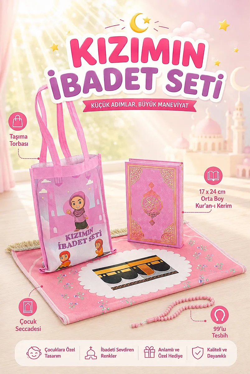 Çantalı Kız Çocuk İbadet Seti Pembe Kabe Motifli İsimli Seccade Orta Boy Kuranı Kerim Tesbihli - 1