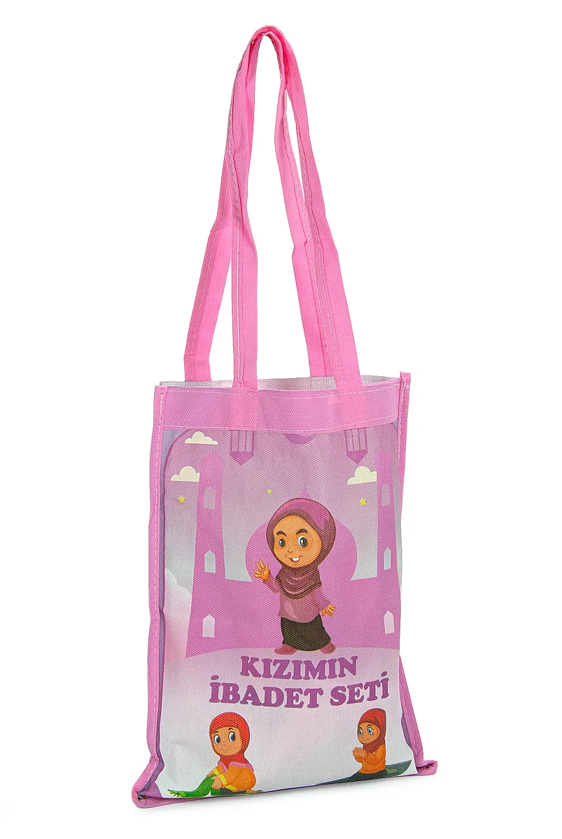 Çantalı Kız Çocuk İbadet Seti Pembe Kabe Motifli İsimli Seccade Orta Boy Kuranı Kerim Tesbihli - 5