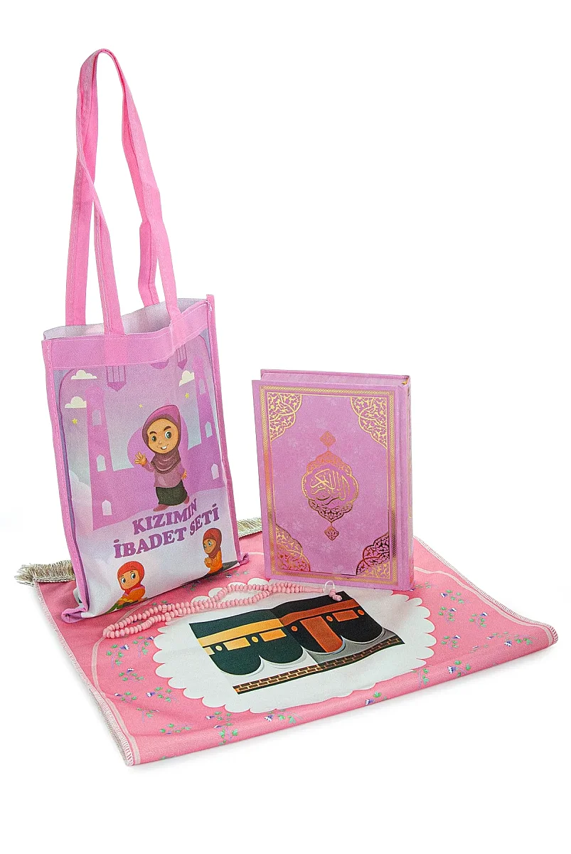 Çantalı Kız Çocuk İbadet Seti Pembe Kabe Motifli İsimli Seccade Orta Boy Kuranı Kerim Tesbihli - 2