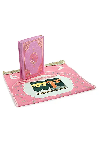 Çantalı Kız Çocuk İbadet Seti Pembe Kabe Motifli İsimli Seccade Orta Boy Kuranı Kerim Tesbihli - 6
