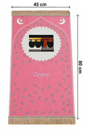 Çantalı Kız Çocuk İbadet Seti Pembe Kabe Motifli İsimli Seccade Orta Boy Kuranı Kerim Tesbihli - 9