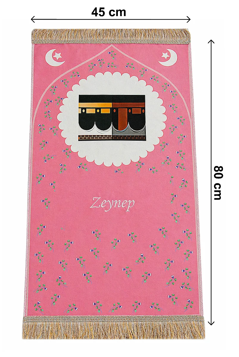Çantalı Kız Çocuk İbadet Seti Pembe Kabe Motifli İsimli Seccade Orta Boy Kuranı Kerim Tesbihli - 9