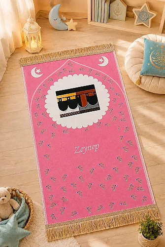 Çantalı Kız Çocuk İbadet Seti Pembe Kabe Motifli İsimli Seccade Orta Boy Kuranı Kerim Tesbihli - 4