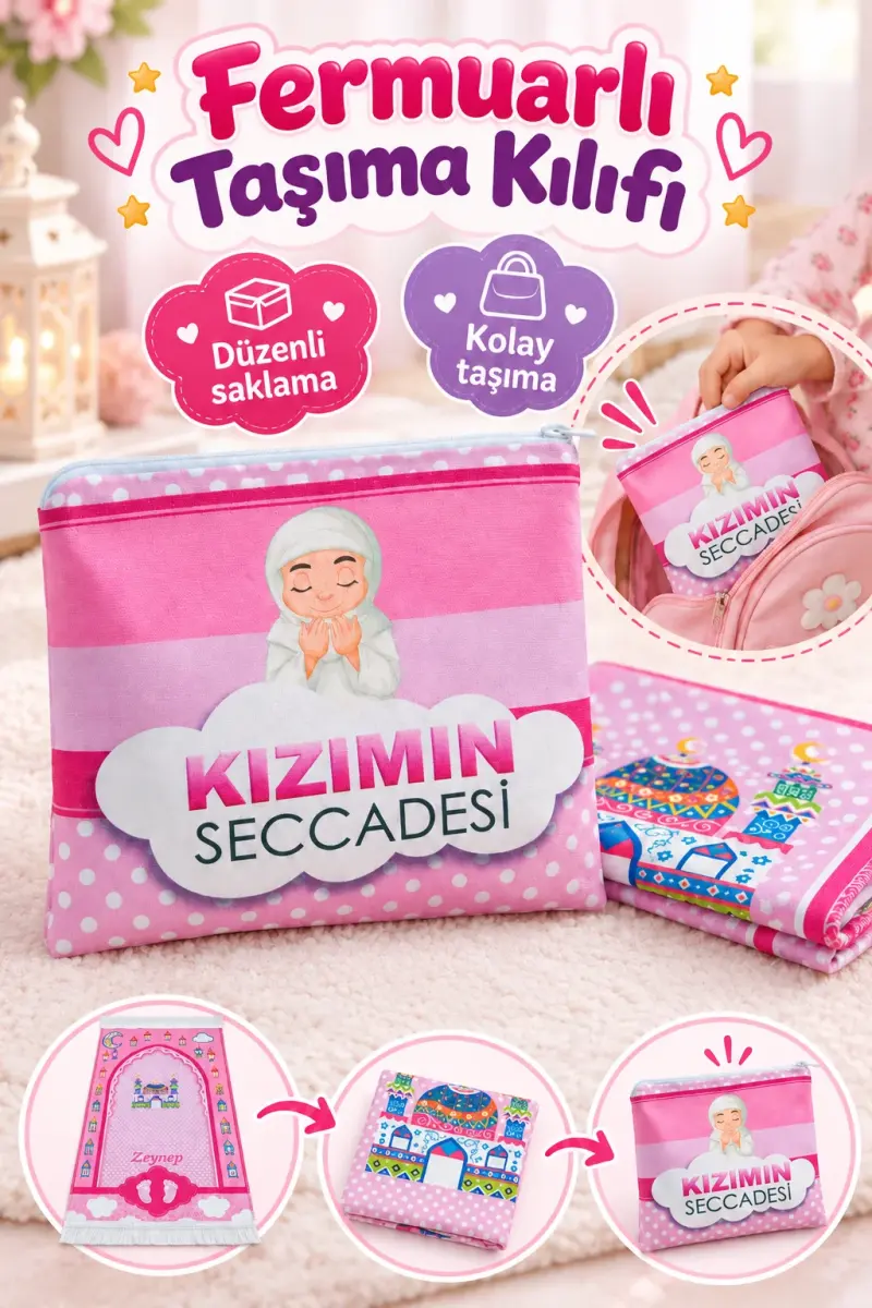 Çantalı Kız Çocuk İsimli Seccade, Tesbih, Namaz Öğreniyorum Kitabı Seti - 5