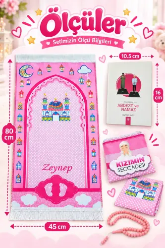 Çantalı Kız Çocuk İsimli Seccade, Tesbih, Namaz Öğreniyorum Kitabı Seti - 7