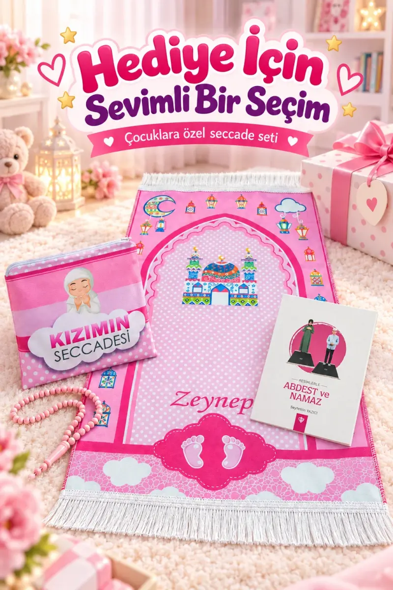 Çantalı Kız Çocuk İsimli Seccade, Tesbih, Namaz Öğreniyorum Kitabı Seti - 8
