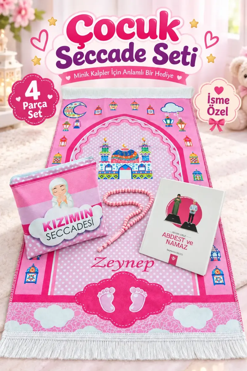 Çantalı Kız Çocuk İsimli Seccade, Tesbih, Namaz Öğreniyorum Kitabı Seti - 1