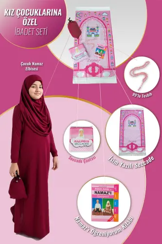 Çantalı Kız Çocuk Namaz Elbisesi, İsimli Seccade, Tesbih ve Namaz Öğreniyorum Kitabı Seti - Fuşya 