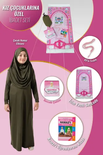 Çantalı Kız Çocuk Namaz Elbisesi, İsimli Seccade, Tesbih ve Namaz Öğreniyorum Kitabı Seti - Haki - 1