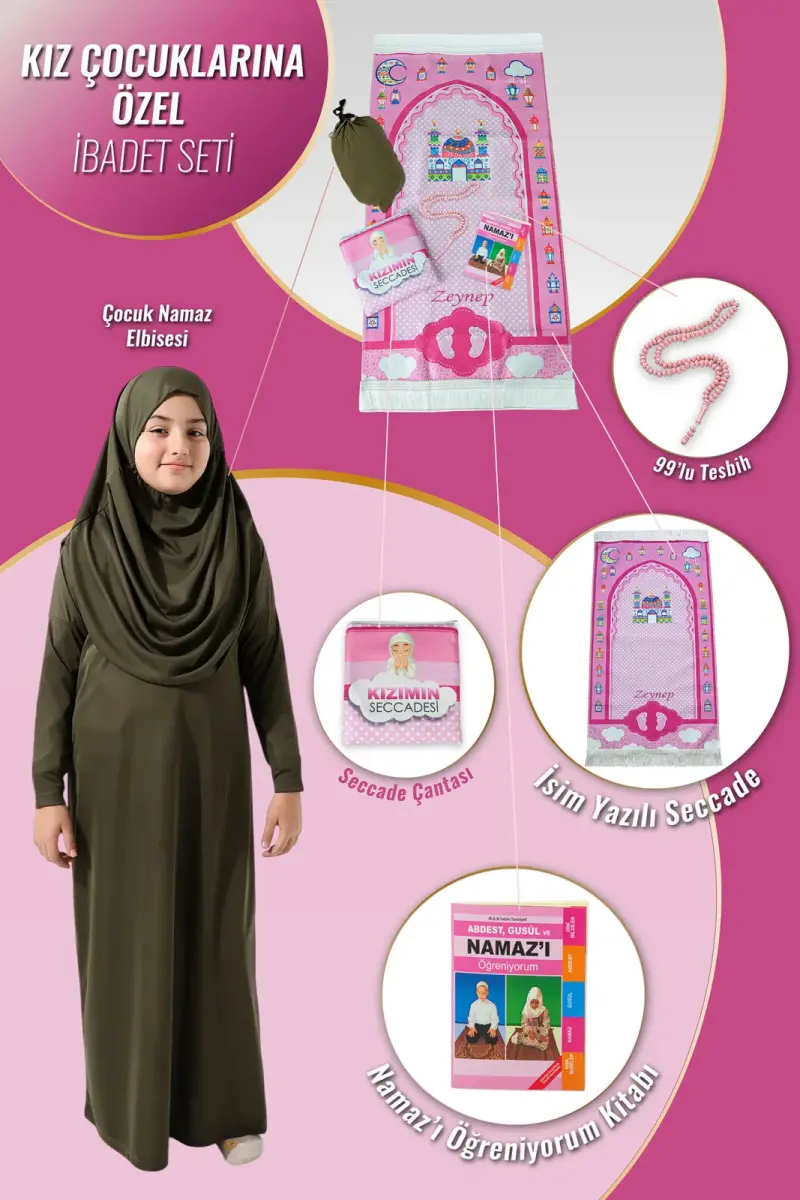 Çantalı Kız Çocuk Namaz Elbisesi, İsimli Seccade, Tesbih ve Namaz Öğreniyorum Kitabı Seti - Haki - 1