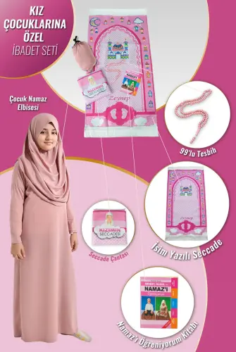 Çantalı Kız Çocuk Namaz Elbisesi, İsimli Seccade, Tesbih ve Namaz Öğreniyorum Kitabı Seti 