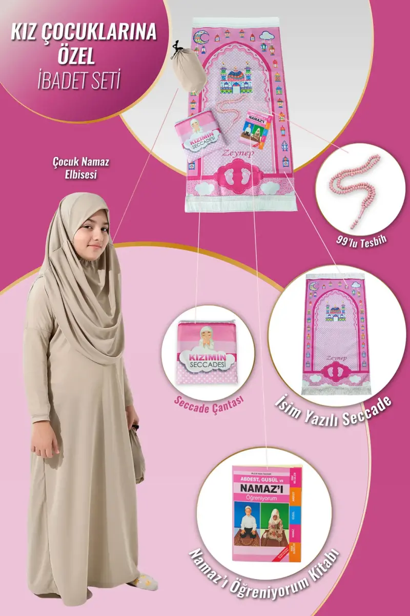 Çantalı Kız Çocuk Namaz Elbisesi, İsimli Seccade, Tesbih ve Namaz Öğreniyorum Kitabı Seti - Krem - 1