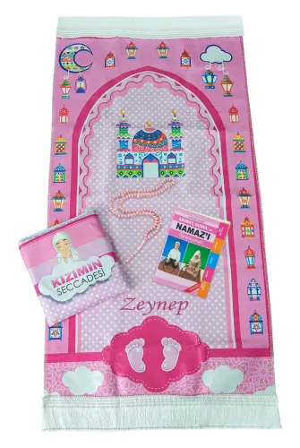 Çantalı Kız Çocuk Namaz Elbisesi, İsimli Seccade, Tesbih ve Namaz Öğreniyorum Kitabı Seti - Krem - ihvanonline (1)