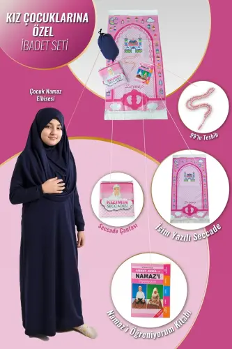 Çantalı Kız Çocuk Namaz Elbisesi, İsimli Seccade, Tesbih ve Namaz Öğreniyorum Kitabı Seti - Lacivert 